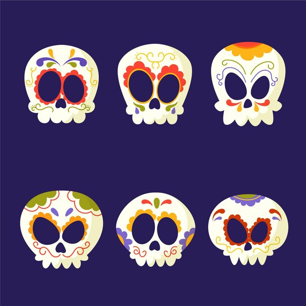 Collezione di teschi piatti disegnati a mano dia de muertos