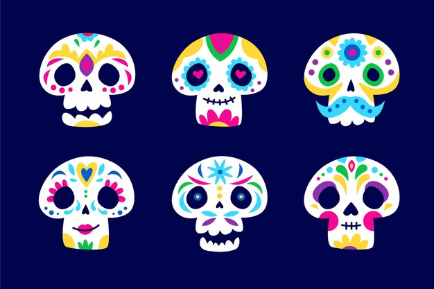 Collezione di teschi piatti disegnati a mano dia de muertos