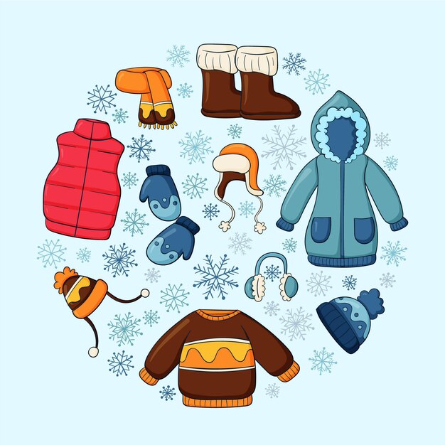 Collezione di vestiti invernali ed elementi essenziali disegnati a mano