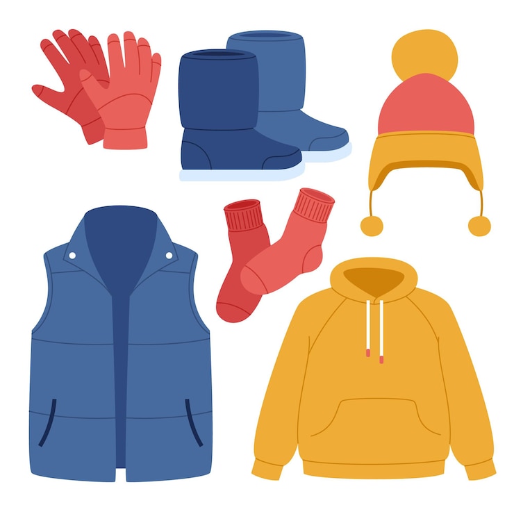 Vettore gratuito collezione di vestiti invernali piatti ed elementi essenziali disegnati a mano
