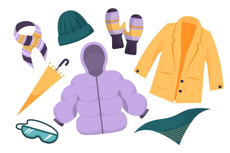 Vettore gratuito collezione di vestiti invernali piatti ed elementi essenziali disegnati a mano