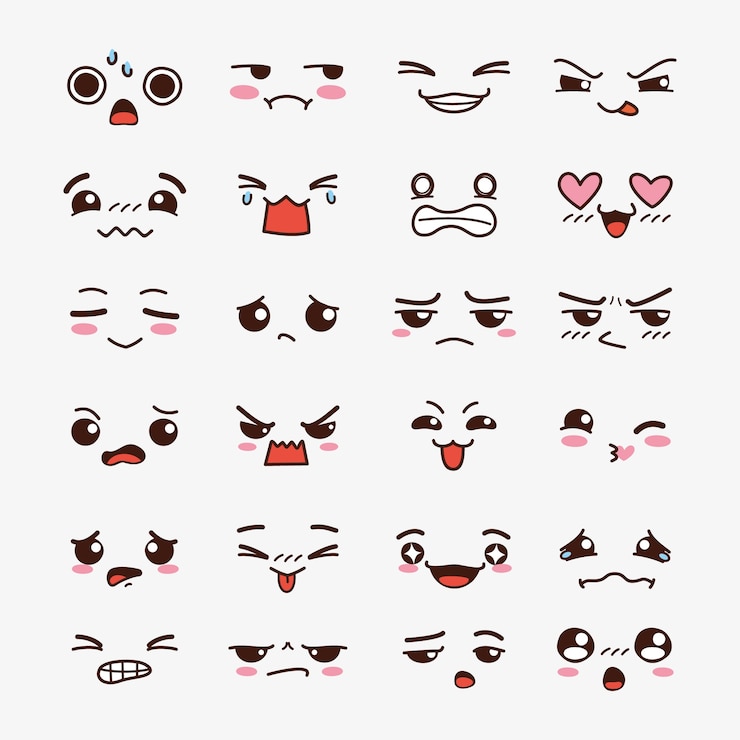 Vettore gratuito collezione di volti kawaii disegnati a mano