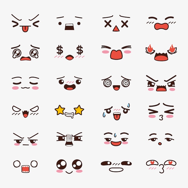Collezione di volti kawaii disegnati a mano