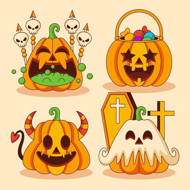 Collezione di zucche di halloween piatte disegnate a mano