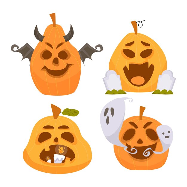 Collezione di zucche di halloween piatte disegnate a mano