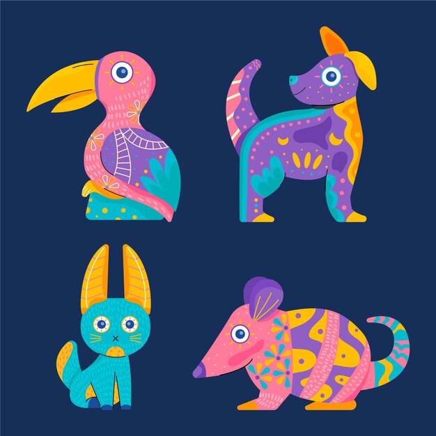 Collezione dia de muertos alebrijes piatta disegnata a mano