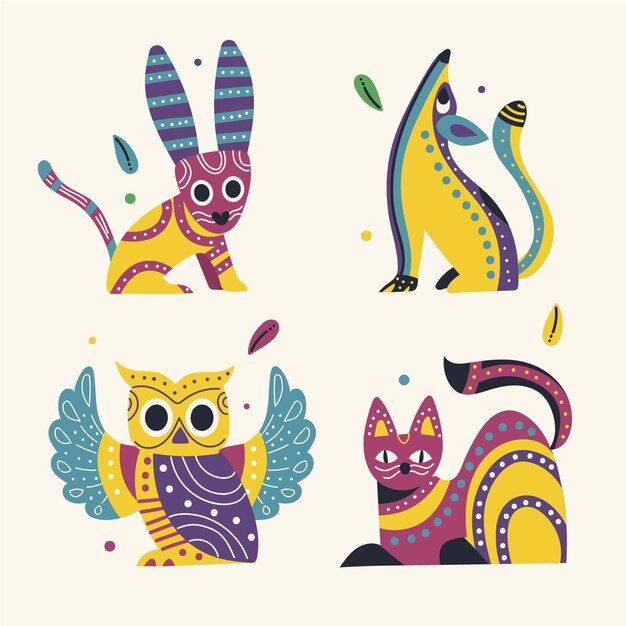 Collezione dia de muertos alebrijes piatta disegnata a mano
