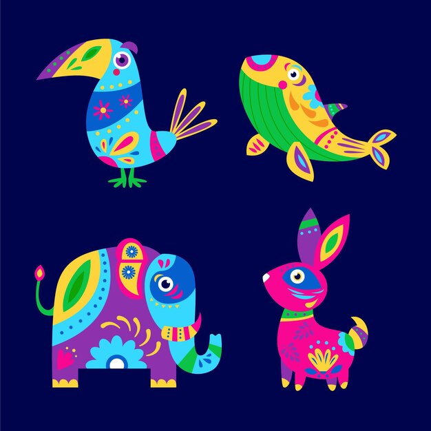Collezione dia de muertos alebrijes piatta disegnata a mano