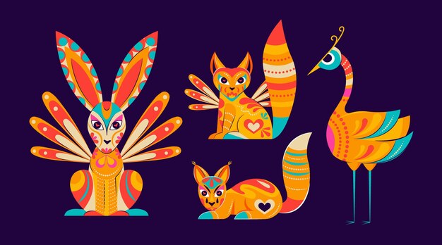 Collezione dia de muertos alebrijes piatta disegnata a mano