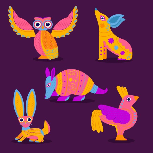 Collezione dia de muertos alebrijes piatta disegnata a mano