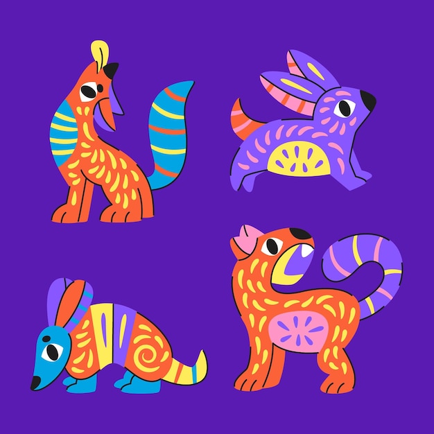 Collezione dia de muertos alebrijes piatta disegnata a mano
