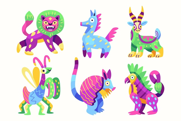Collezione dia de muertos alebrijes piatta disegnata a mano