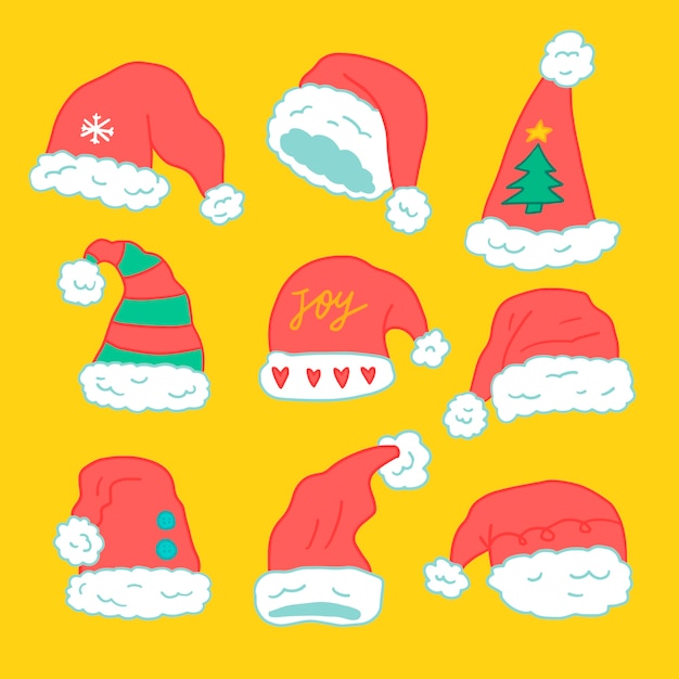 Collezione disegnata a mano cappello di Babbo Natale