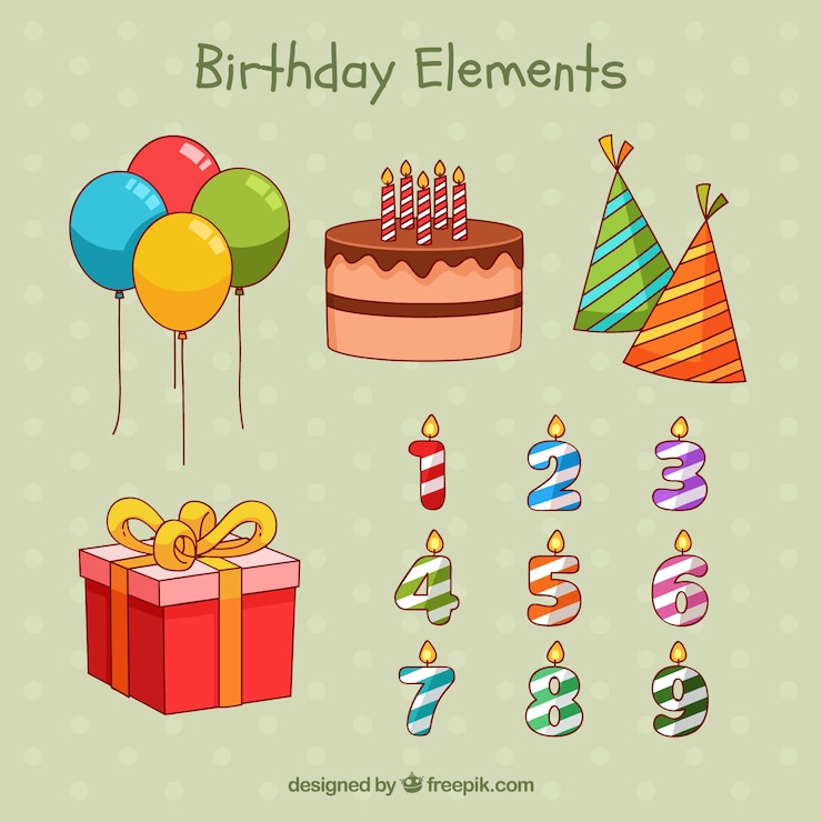 Vettore gratuito collezione disegnata a mano colorata di attributi di festa di compleanno