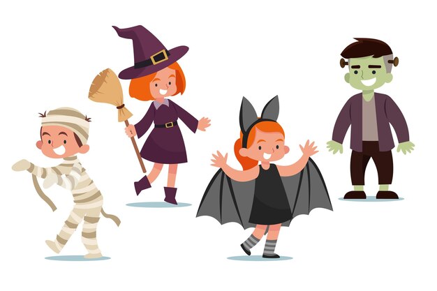 Collezione per bambini di halloween piatta disegnata a mano