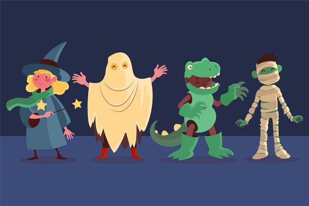 Collezione per bambini di halloween piatta disegnata a mano