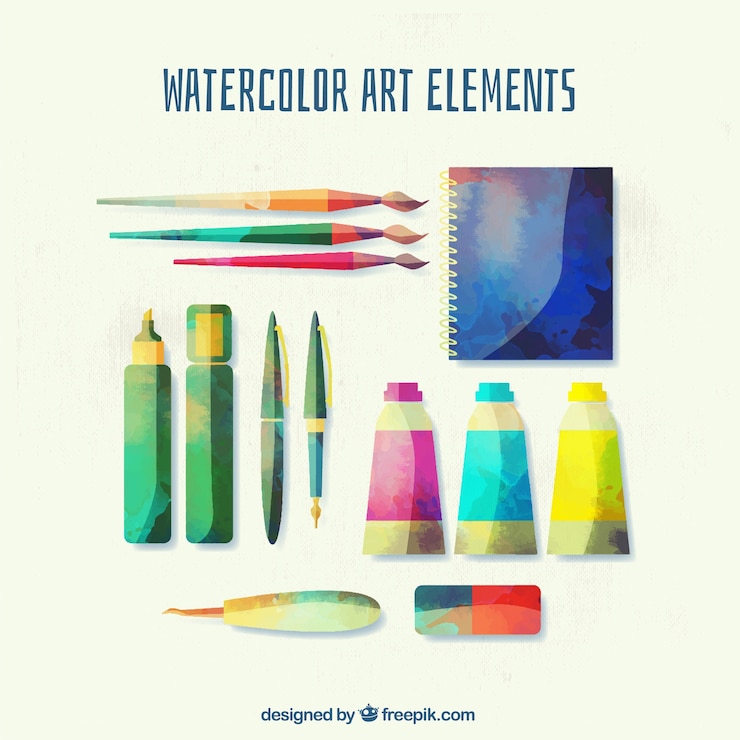 Vettore gratuito collezione sveglia di materiali artistici dipinto con acquerelli