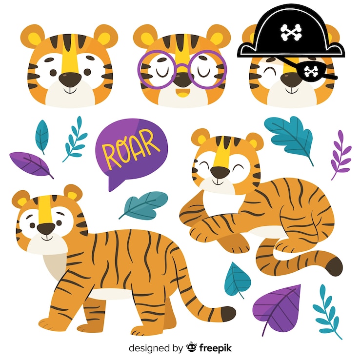 Vettore gratuito collezione tigre kawaii disegnata a mano