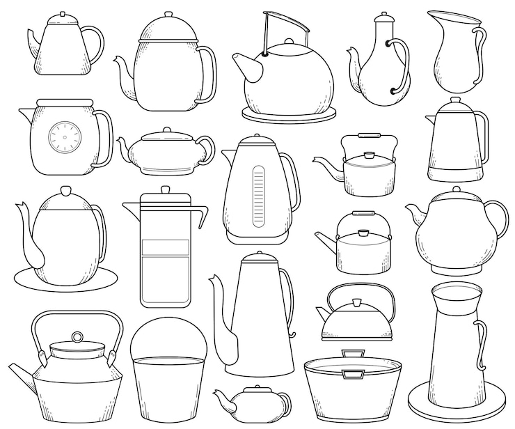 Vettore gratuito collezioni di illustrazioni di arte della linea di doodle di bollitore e secchio