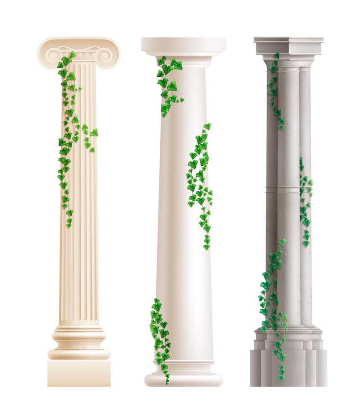 Vettore gratuito colonne di pietra antiche con l'insieme realistico di edera verde rampicante isolato illustrazione vettoriale