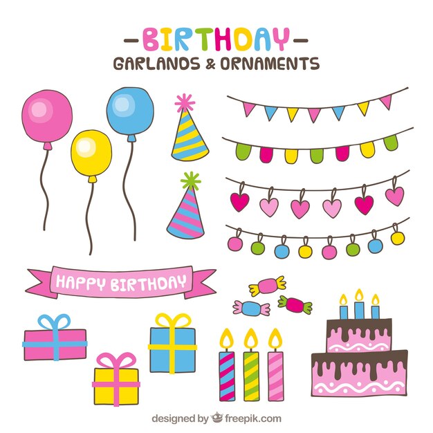 colorato assortimento di ornamenti di compleanno disegnati a mano