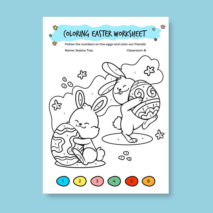 Vettore gratuito colorazione infantile disegnata a mano dai numeri modello del foglio di lavoro di pasqua