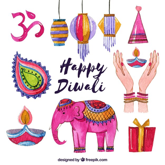 Colorful diwali elementi acquerello collezione