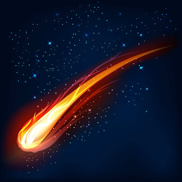 Vettore gratuito cometa nello spazio, meteorite ed energia, bagliore di asteroidi, potente illustrazione in movimento stella