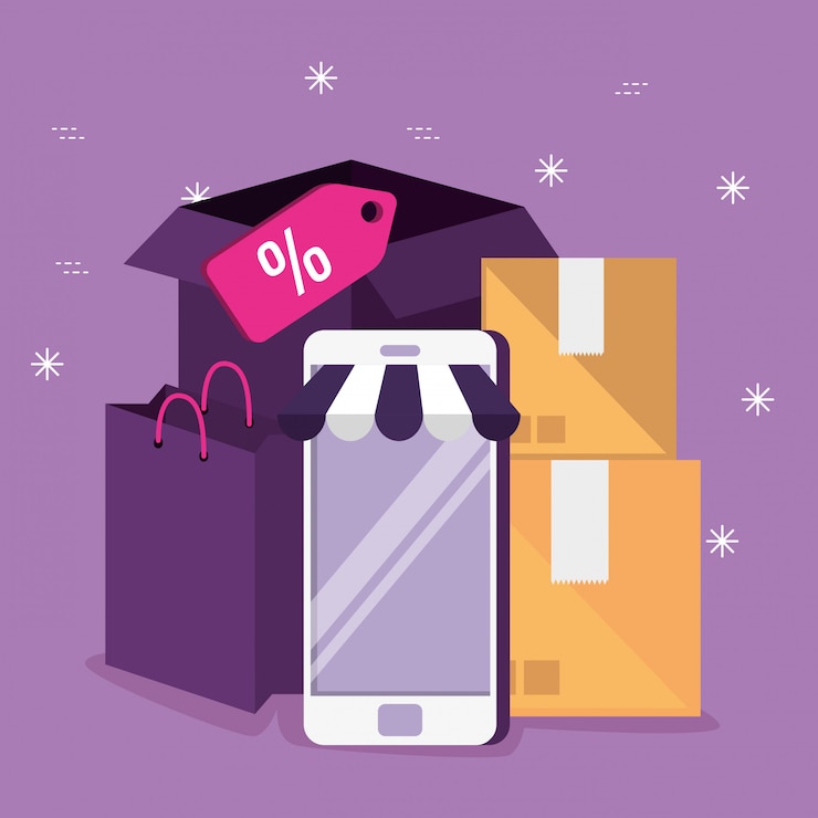 Vettore gratuito commercializza lo shopping online con la tecnologia smartphone