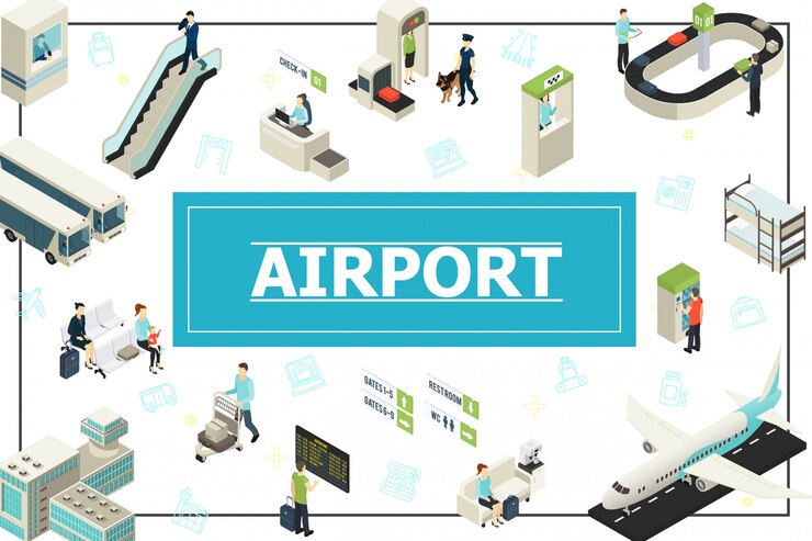 Vettore gratuito composizione aeroporto isometrica con poliziotto passeggeri check-in banco controllo di sicurezza autobus aereo bordo di partenza scala mobile bagaglio nastro trasportatore nel telaio