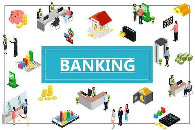 Composizione bancaria isometrica con la costruzione di monete di denaro sicuro lingotti d'oro calcolatrice bancomat macchina salvadanaio receptionist cassiere consulente gestori clienti nel telaio
