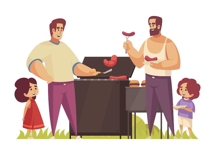 Vettore gratuito composizione barbecue con griglia per barbecue all'aperto e due uomini adulti con i loro bambini illustrazione vettoriale