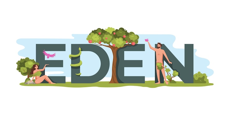 Vettore gratuito composizione biblica del paradiso di testo piatto circondato da una scena di racconto di adamo ed eva con illustrazione vettoriale di mele