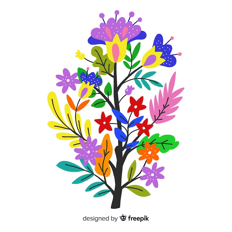 Vettore gratuito composizione con fiori in fiore e rami su colori caldi