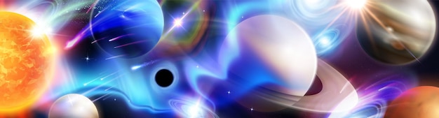 Composizione d'ardore astratta del ciclo di vita della stella con l'illustrazione orizzontale realistica di vettore di diversi pianeti luminosi colorati