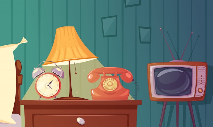 Vettore gratuito composizione del fumetto di gadget retrò con sveglia comodino lampada telefono tv