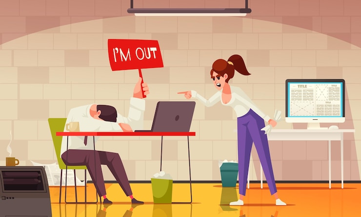 Vettore gratuito composizione del fumetto di stress dell'ufficio con la donna che grida sull'illustrazione di vettore del collega sollecitato