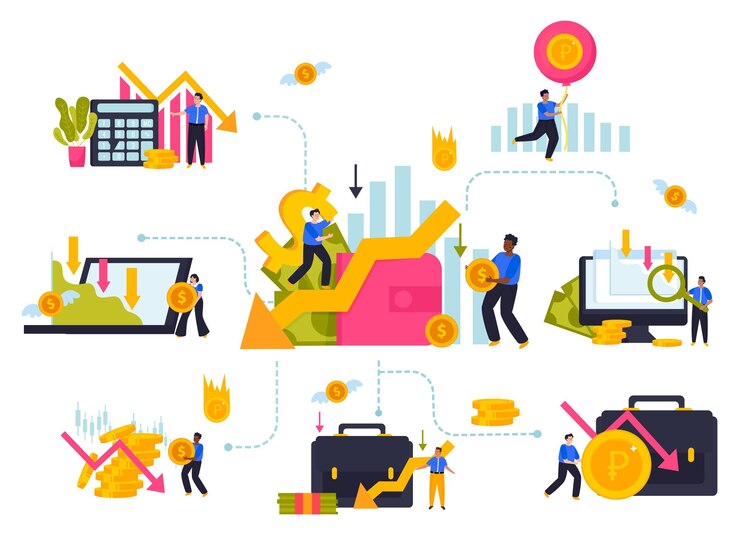 Vettore gratuito composizione di crisi economica in stile piatto con diagrammi finanziari personaggi tristi e simboli di denaro illustrazione vettoriale