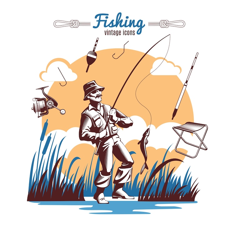 Vettore gratuito composizione di icone vintage di pesca