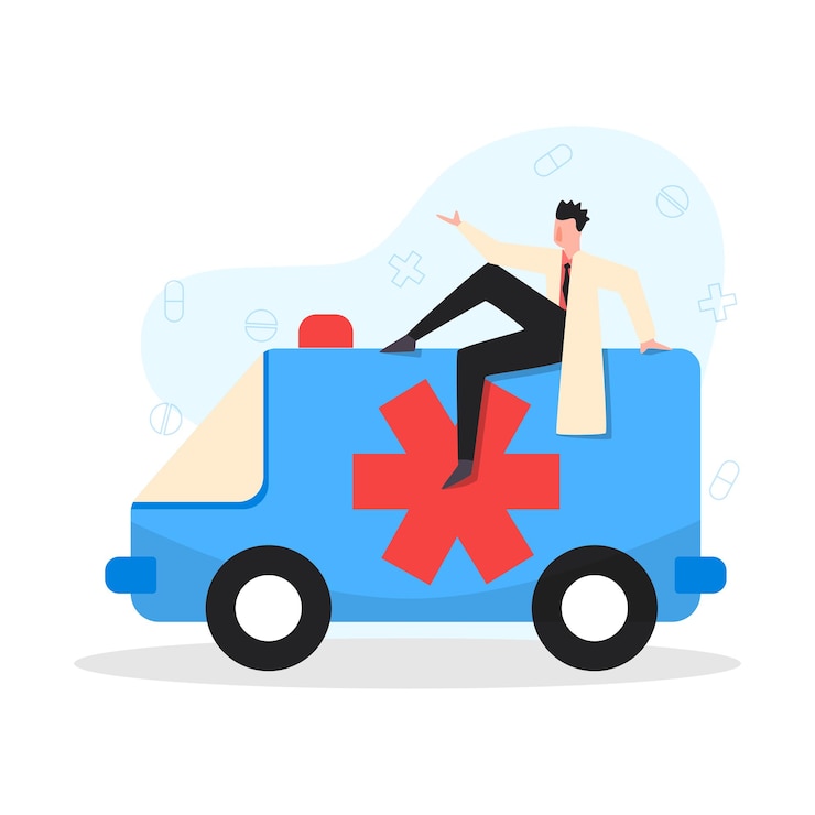 Vettore gratuito composizione di medicina medica online con carattere di medico maschio seduto sopra l'illustrazione vettoriale del furgone dell'ambulanza