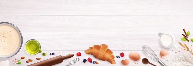 Composizione di panetteria con immagini isolate realistiche di bacche, gusci di uova, croissant, spezie e vari utensili da cucina