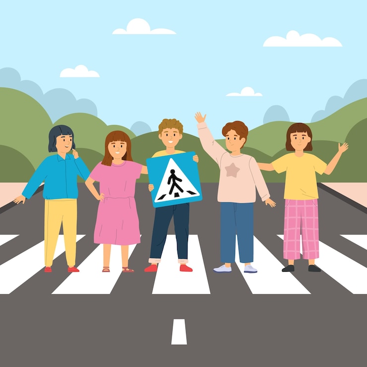 Vettore gratuito composizione di regole stradali per bambini con paesaggio all'aperto e bambini in piedi sull'attraversamento pedonale della strada che tiene l'illustrazione di vettore del segnale stradale