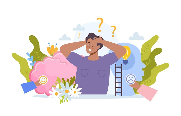 Vettore gratuito composizione di terapia di mente aperta con simboli di stress e umore piatto illustrazione vettoriale