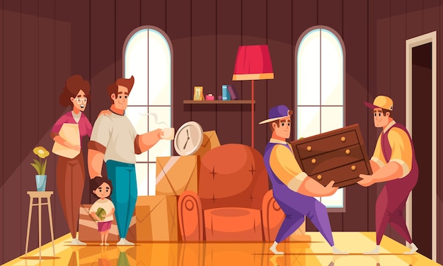 Composizione interna del fumetto della nuova stanza della casa con la famiglia che guarda la compagnia in movimento