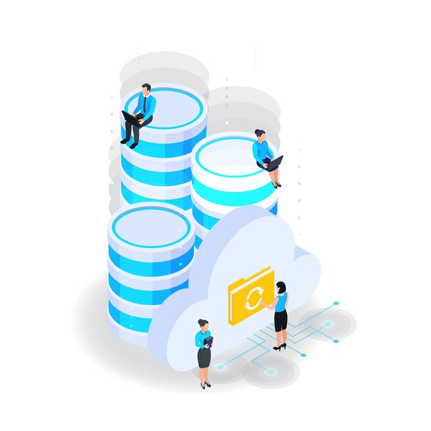 Composizione isometrica dei servizi cloud con icone di capsule server con icone di cartelle cloud e personaggi umani illustrazione vettoriale