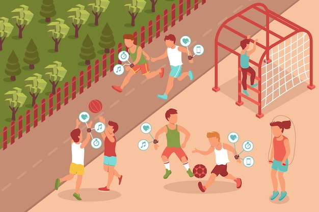 Composizione isometrica del gadget sportivo con paesaggi all'aperto e personaggi di ragazzi adolescenti che indossano illustrazione di accessori per il fitness elettronico
