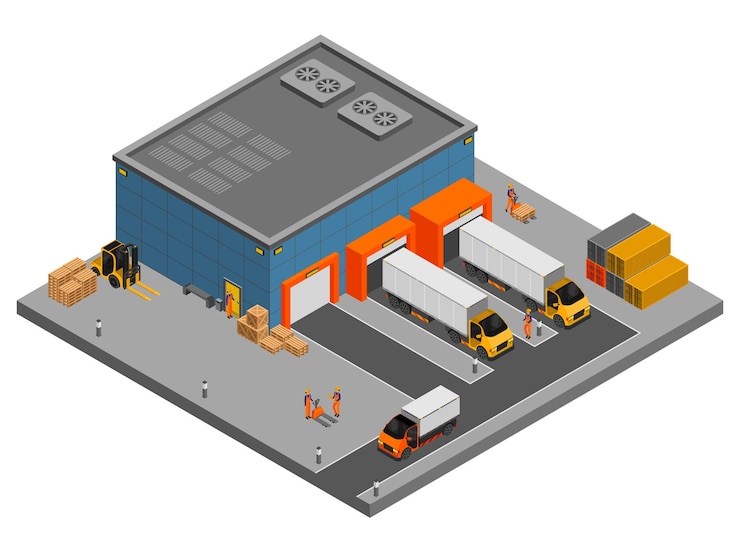 Vettore gratuito composizione isometrica del magazzino con vista dell'edificio e cancelli con scatole di camion e contenitori con illustrazione vettoriale dei lavoratori
