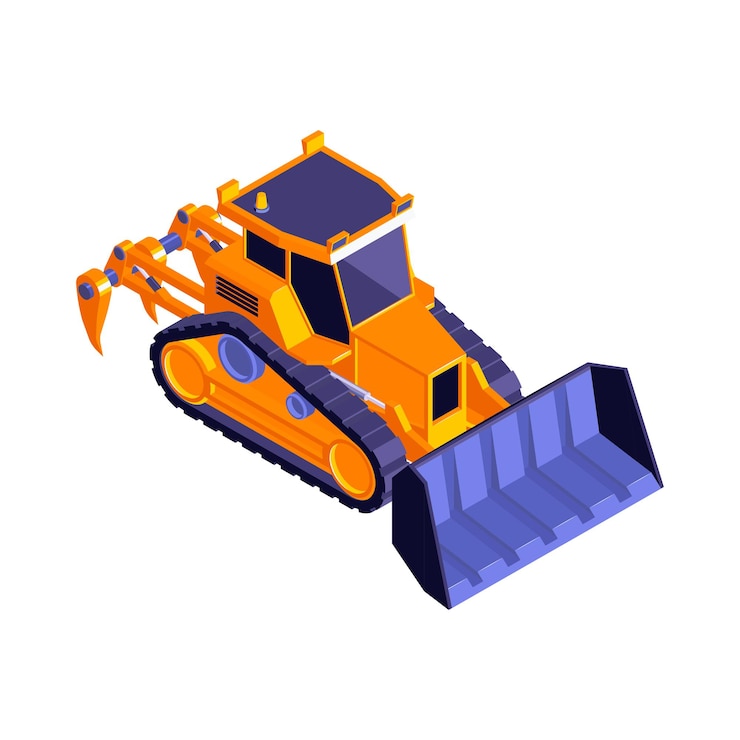 Vettore gratuito composizione isometrica del rullo della costruzione di strade con l'immagine isolata dell'illustrazione arancione di vettore del bulldozer