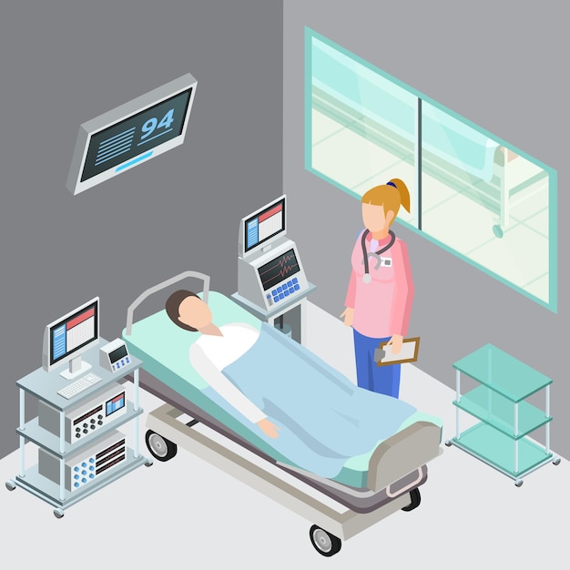 Composizione isometrica dell'attrezzatura medica con il medico di cura primaria dell'interno dell'interno del reparto di osservazione e caratteri umani pazienti