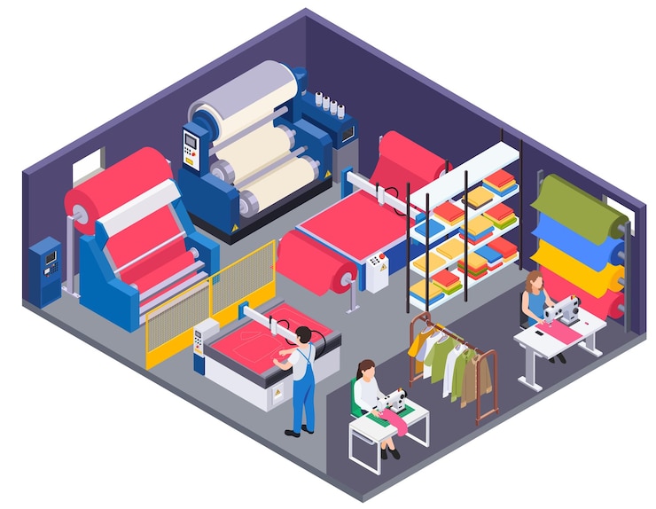 Vettore gratuito composizione isometrica dell'industria tessile con vista isolata dell'unità di fabbrica con rotoli di tessuto colorati e illustrazione vettoriale dei sarti